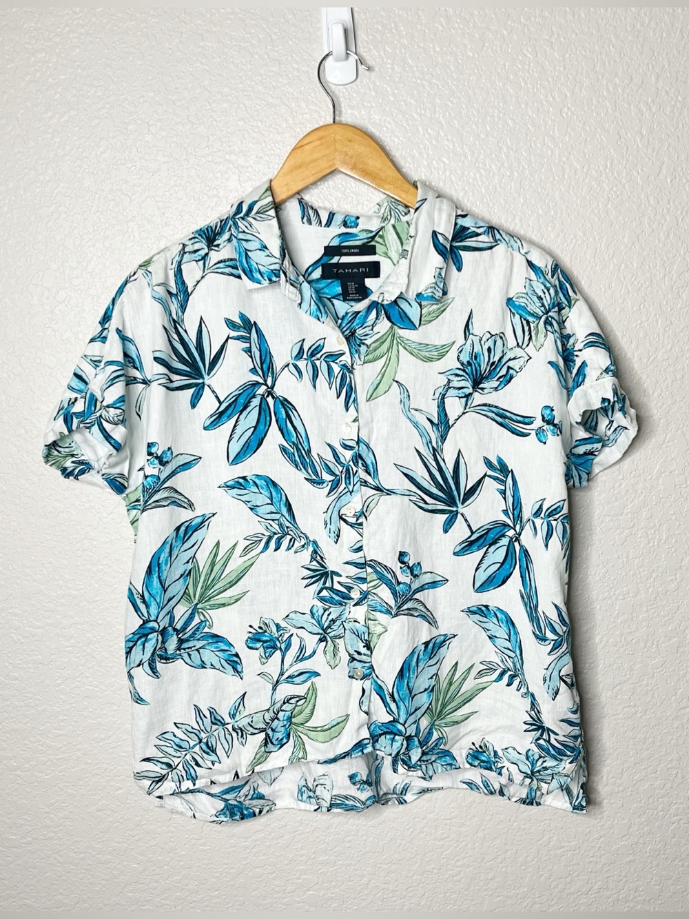 Tahari 100% Linen Tropical Floral Button Down Shirt Blue White Women’s Medium M